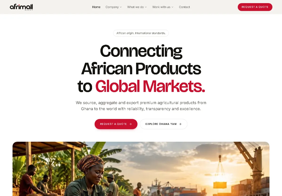 Afrimall homepage with the headline Connecting African Products to Global Markets