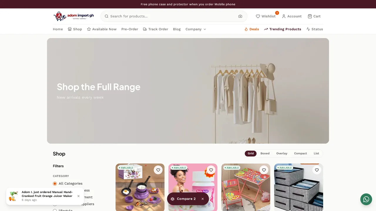 Cadence Storefront shop page with category filters and a product grid
