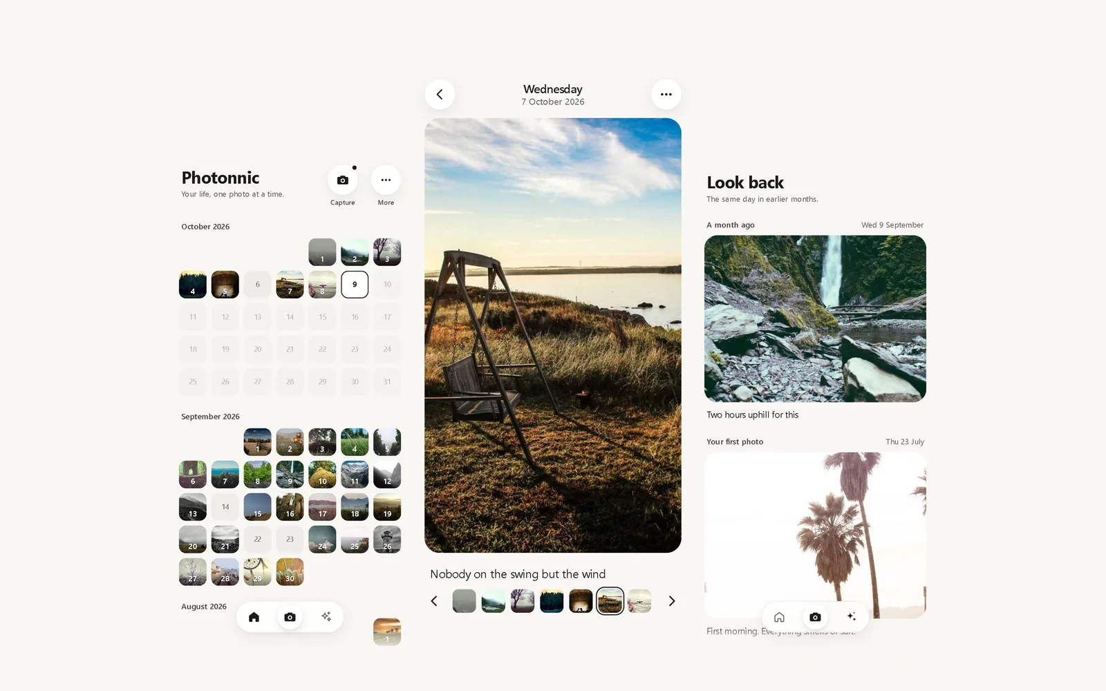 Photonnic app: a calendar of daily photos, a single day with a caption, and a look-back list