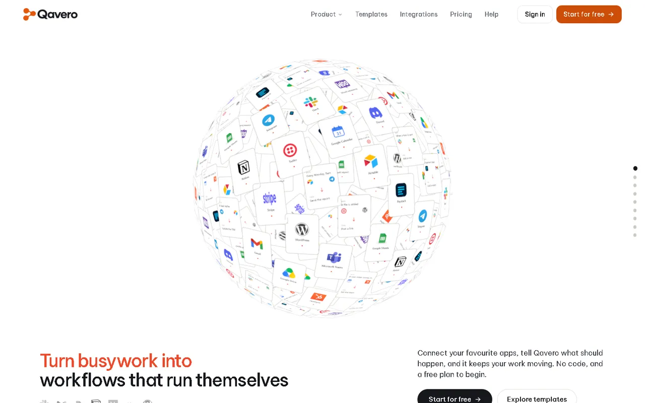 Qavero marketing page with a globe of connected apps and the headline Turn busywork into workflows that run themselves