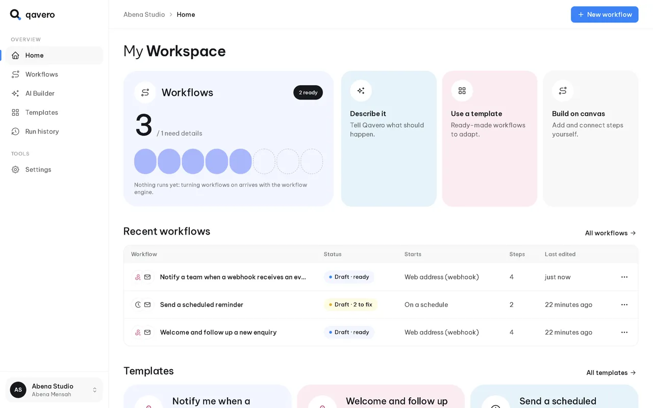 Qavero workspace home listing recent workflows and templates